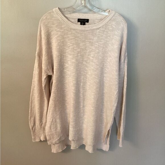 RACHEL ZOE SIZE LARGE BEIGE COTTON LINEN LONG SLEEVE CREW NECK TUNIC SWEATER - Picture 2 of 8